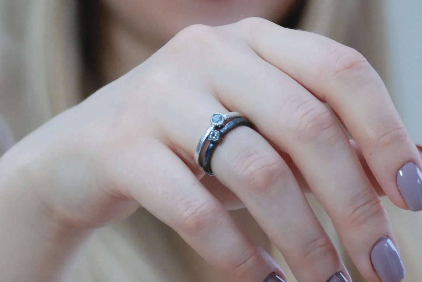 Aquamarine Bezel setting silver stacking ring