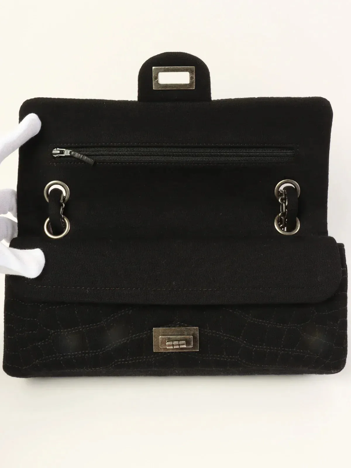 CHANEL Around 2007 Nmade Cotton Crocodile Stitch 2.55 Chain Shoulder Bag Black