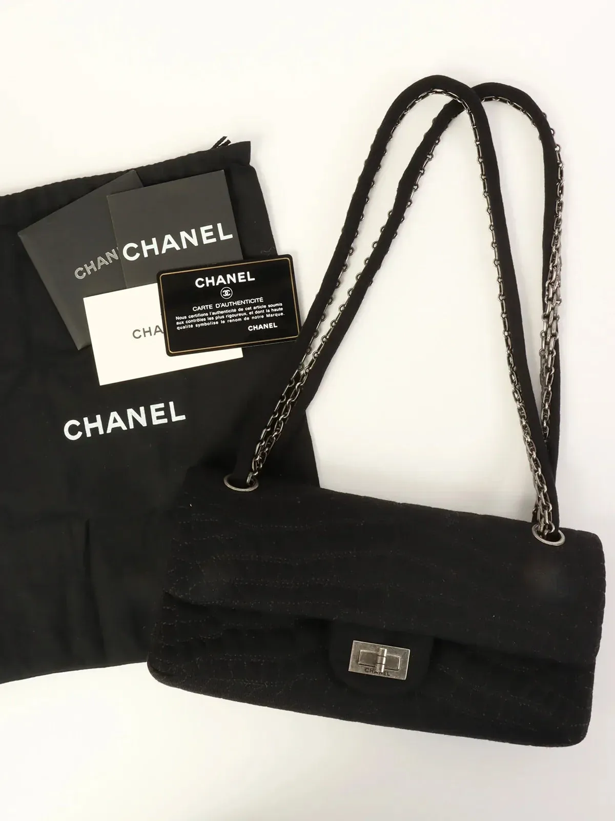 CHANEL Around 2007 Nmade Cotton Crocodile Stitch 2.55 Chain Shoulder Bag Black