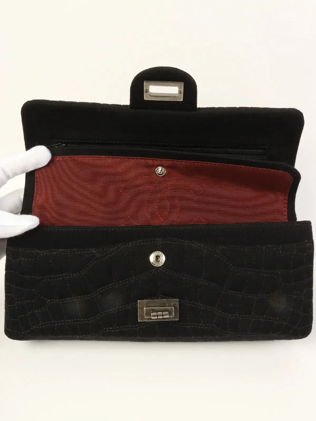 CHANEL Around 2007 Nmade Cotton Crocodile Stitch 2.55 Chain Shoulder Bag Black