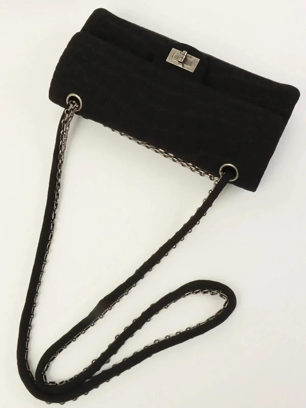 CHANEL Around 2007 Nmade Cotton Crocodile Stitch 2.55 Chain Shoulder Bag Black