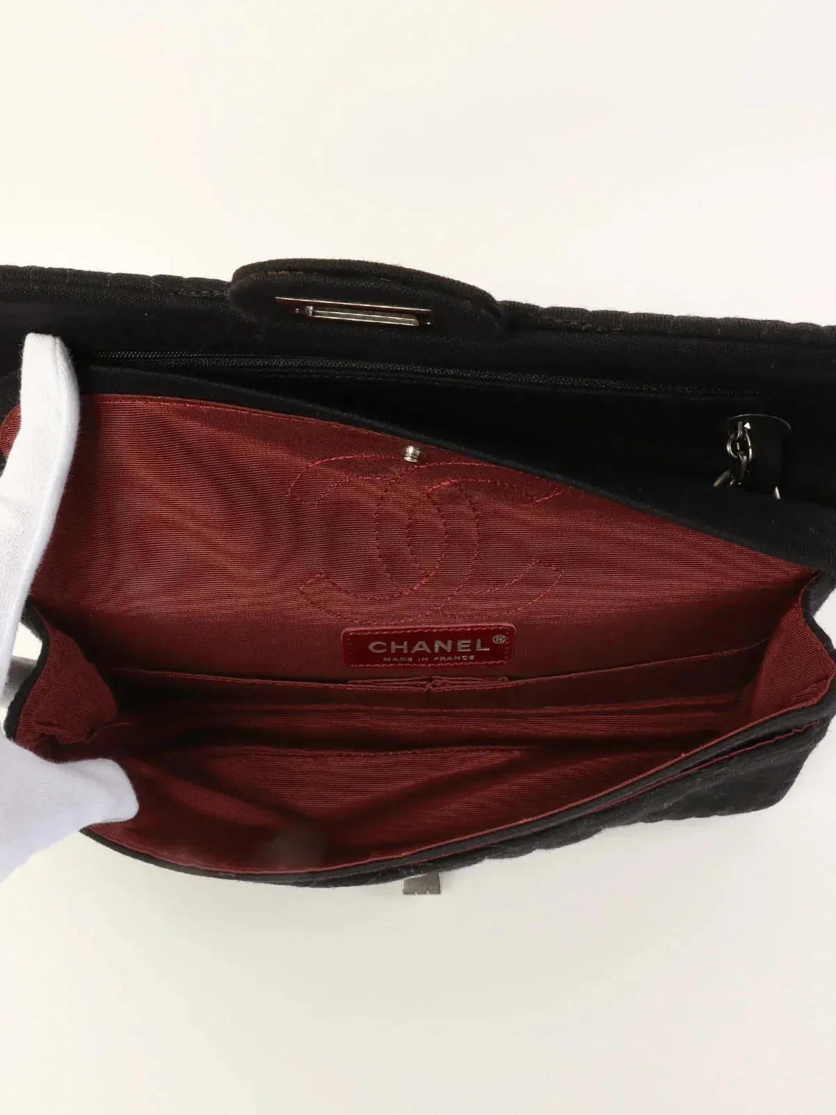 CHANEL Around 2007 Nmade Cotton Crocodile Stitch 2.55 Chain Shoulder Bag Black