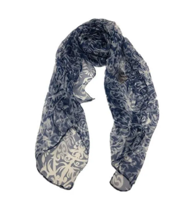 Navy White Print Scarf 100% Silk Single  PSU280