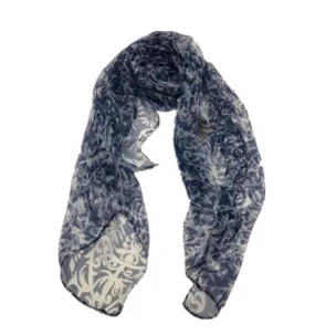Navy White Print Scarf 100% Silk Single  PSU280