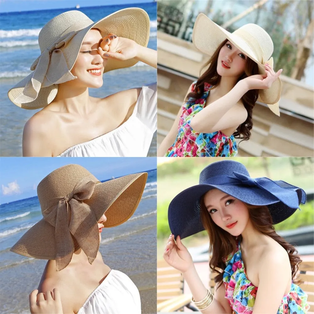 Summer Foldable Wide Brim Floppy Straw Hats With Bowknot