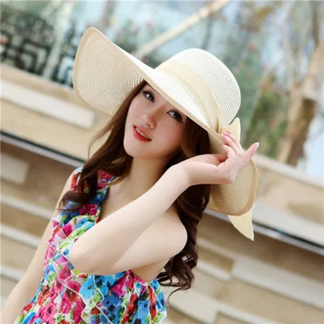 Summer Foldable Wide Brim Floppy Straw Hats With Bowknot