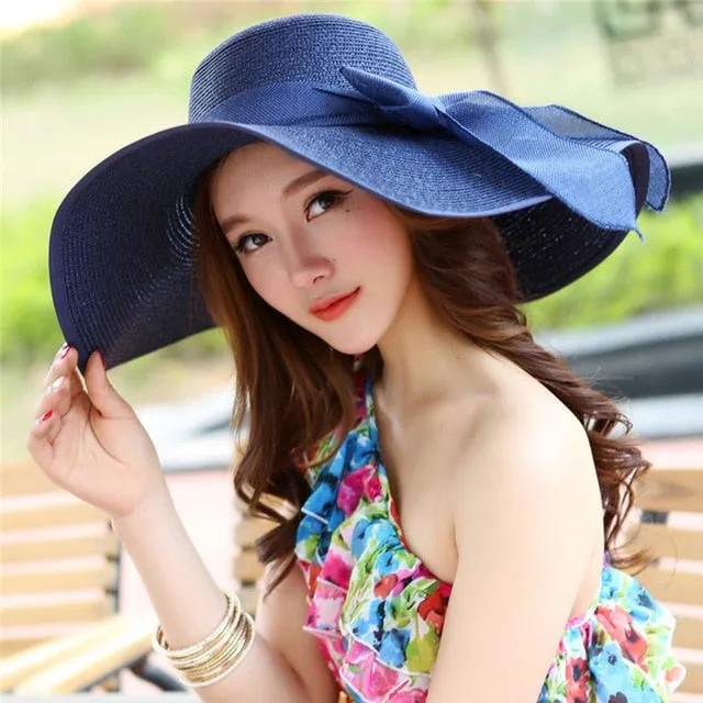 Summer Foldable Wide Brim Floppy Straw Hats With Bowknot