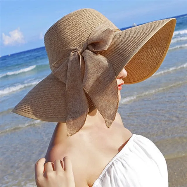 Summer Foldable Wide Brim Floppy Straw Hats With Bowknot