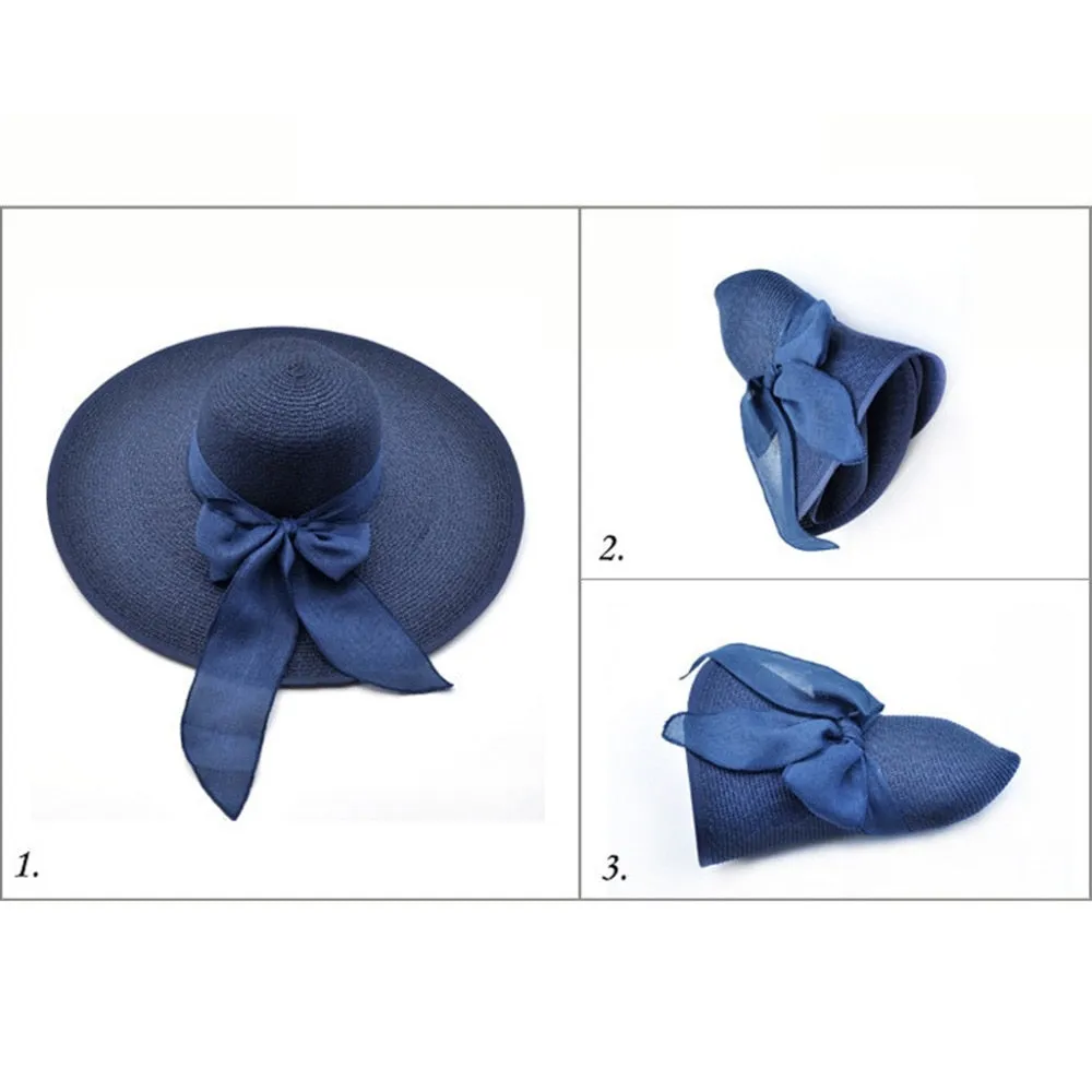 Summer Foldable Wide Brim Floppy Straw Hats With Bowknot